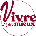 Logo bordeaux rond avec des pétales de roses portant le nom "Vivre en mieux"